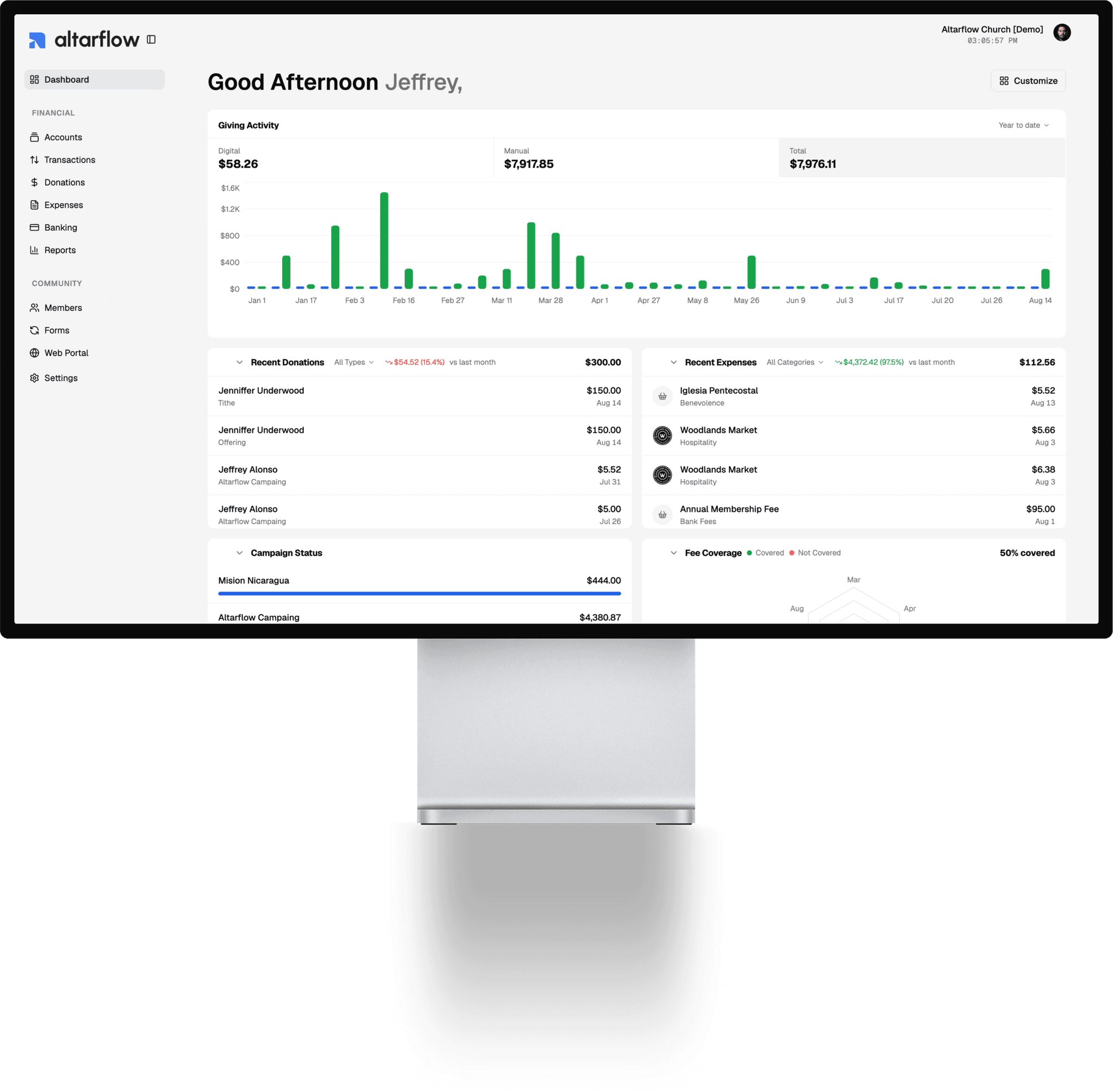 Altarflow church finance dashboard showing giving activity, recent donations, expenses, campaign status, and fee coverage