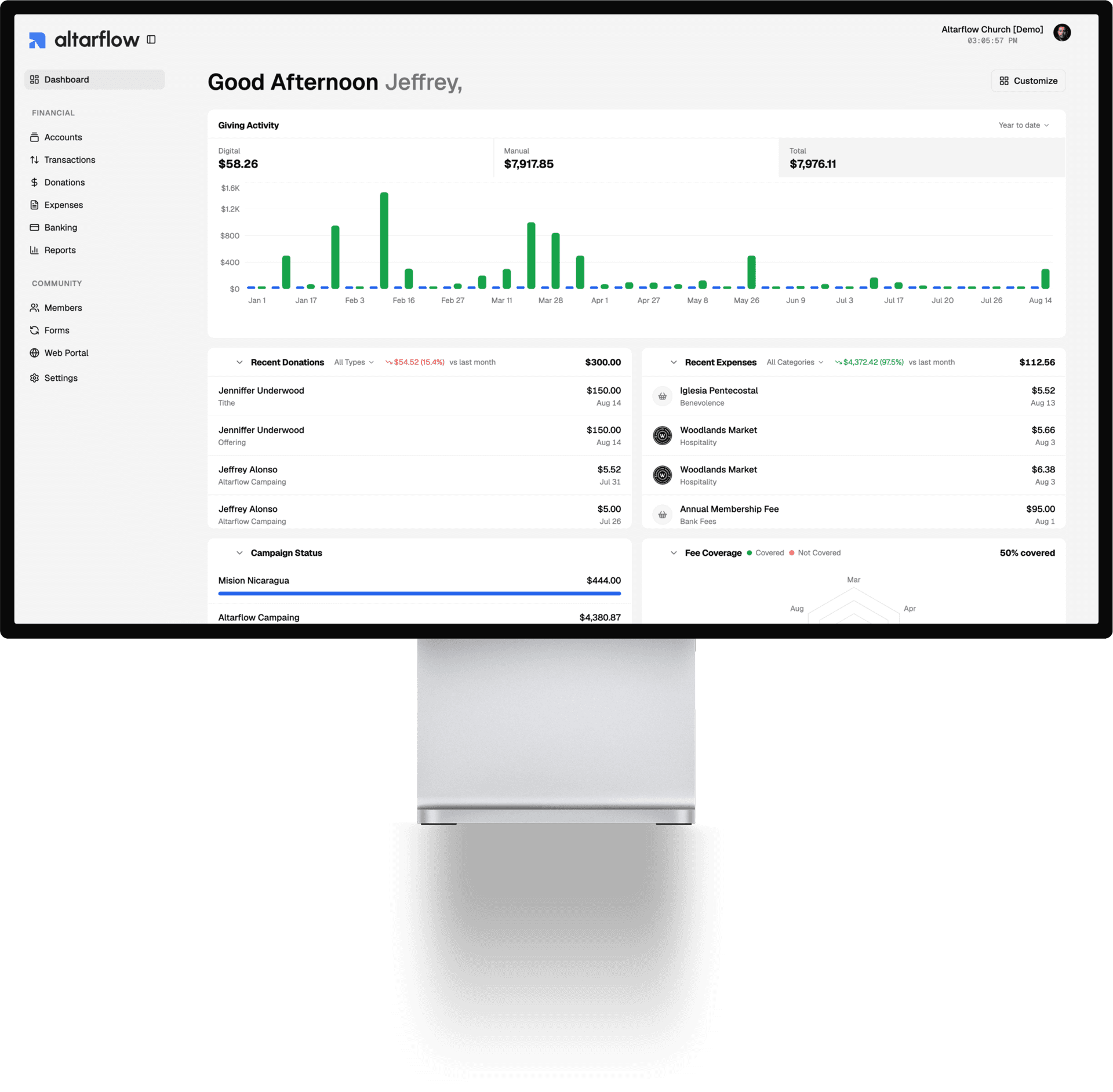 Altarflow church finance dashboard showing giving activity, recent donations, expenses, campaign status, and fee coverage